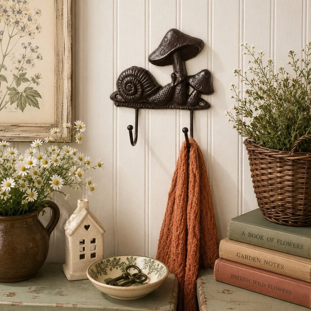 Cast Iron Snail Mushroom Double Wall Hook Garden Whimsical Cottage Decor
